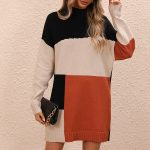 Trending crew-neck long sleeve pullover elegant sweater knitted midi oversize Color matching dress women