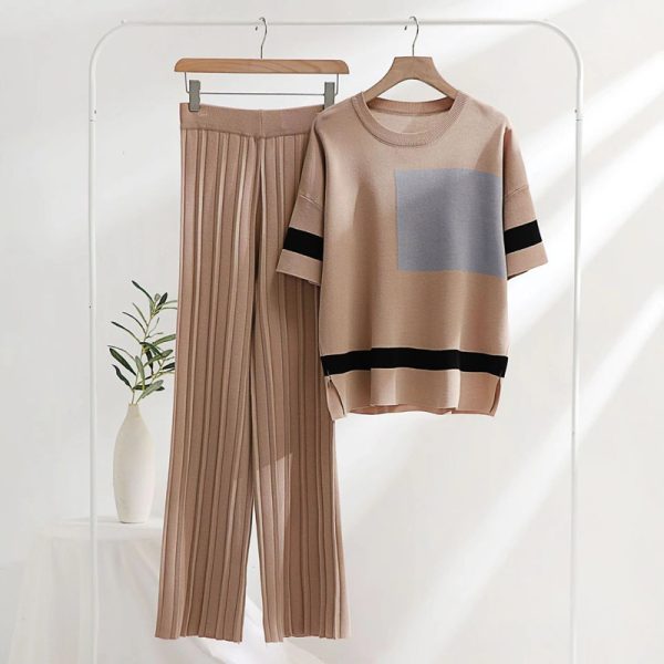 short sleeve round neck color blocking sweaters twinset wide leg 2 piece pants set summer women