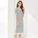 spring summer round neck pullover loose knitwear midi women casual striped knitted dress with tassel