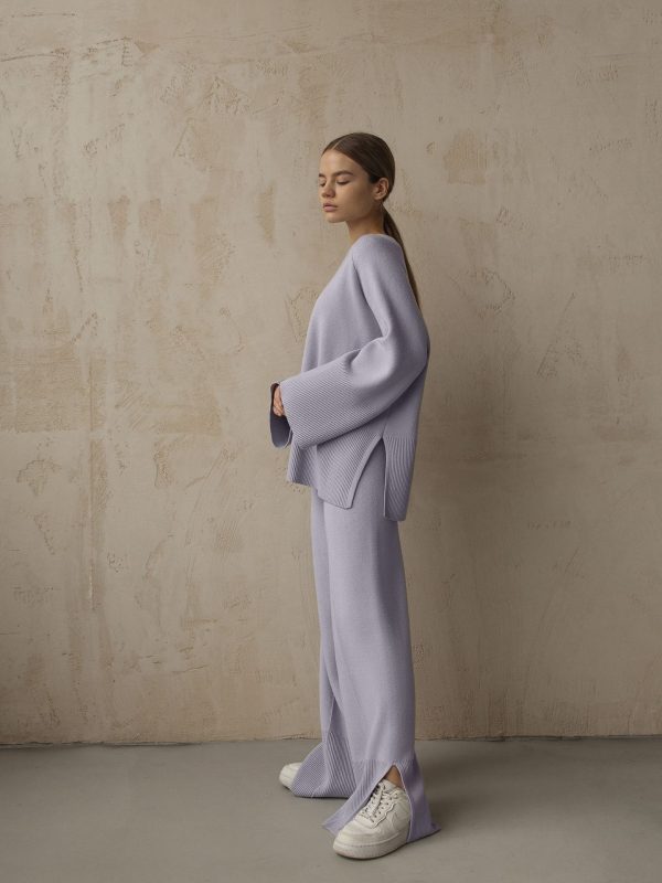 Clothing elegant pullover loungewear women fashion high quality solid color knitted wide leg pants 2 piece set