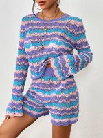 Knitwear Pullover Round Neck stripe jumper hollow out beachwear knitted Women Loungewear 2 piece set