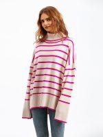 New style rolled neck knitwear oversize side split striped jumpers long sleeve women turtleneck sweaters