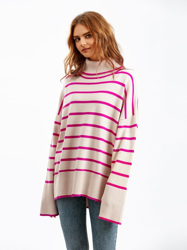 New style rolled neck knitwear oversize side split striped jumpers long sleeve women turtleneck sweaters