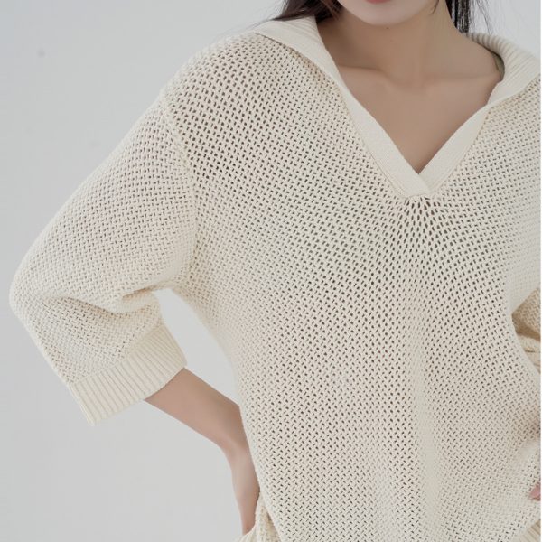 Trending fashion solid color casual knitwear pullover turn down collar hollow out sweaters women