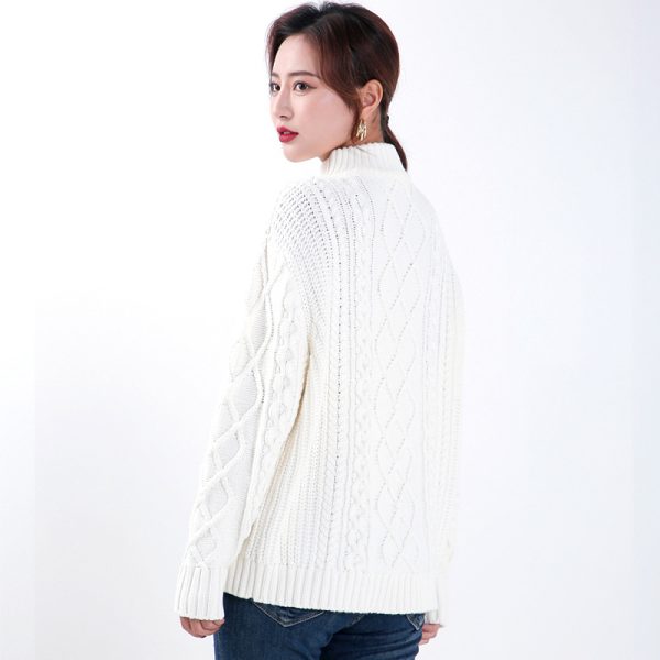 High quality thick twist solid color warm fleece tops elegant half zipper turtleneck pullover sweaters for women