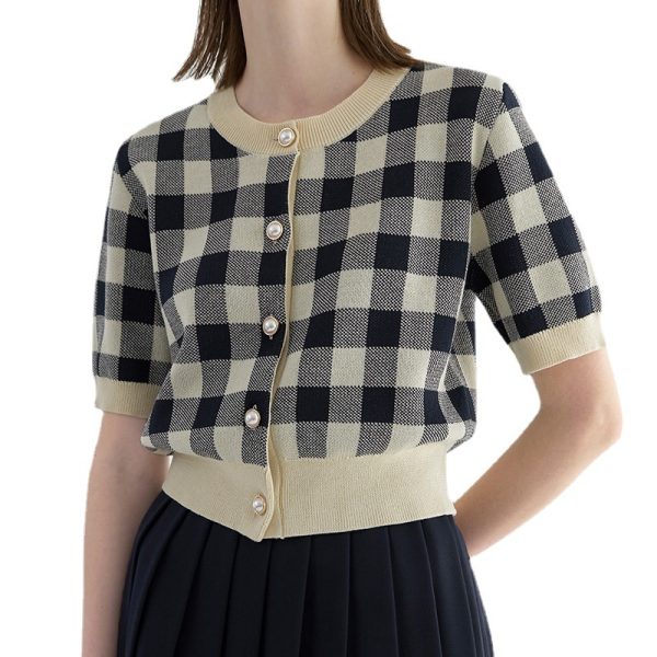 Trending Summer British style short sleeve cardigans women's thin round neck checkerboard knitted top