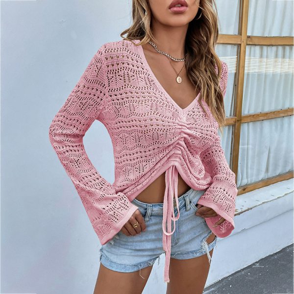 slim fit v neck sexy knit cropped tank top long sleeve hollow out knitwear women casual pullover ruffles vest