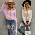New style fashion short lapel knitted cardigan color blocking jacquard single breasted sweater coat for women