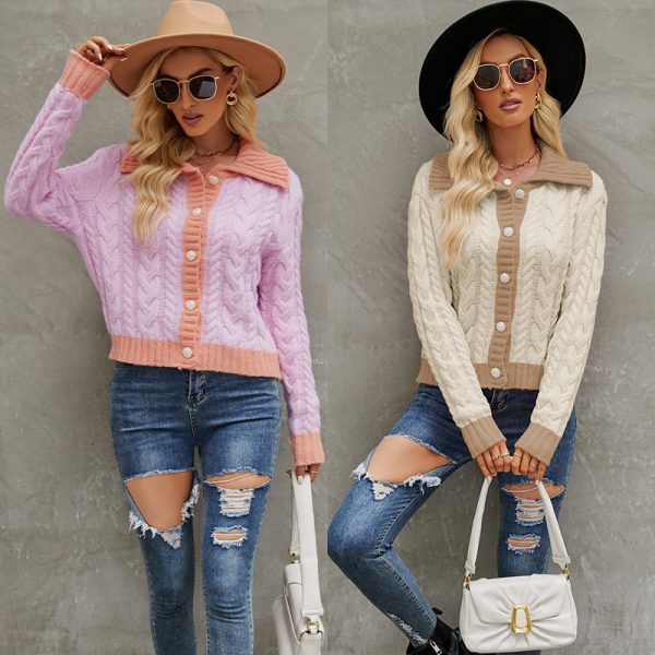 New style fashion short lapel knitted cardigan color blocking jacquard single breasted sweater coat for women