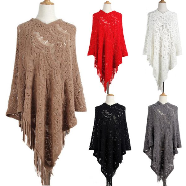 New Arrival Mid-length crocheted hollow out irregular tassel capes knitted pullover sweater women's shawl