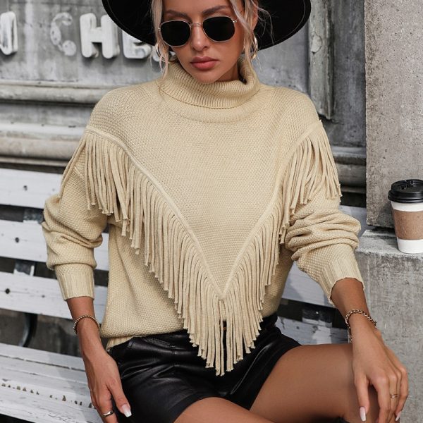 Trending Fall Winter Loose fringe jumpers elegant pullover knitted rolled turtleneck sweater for women