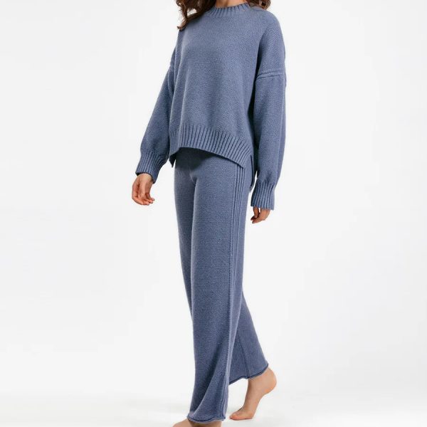 Trending Fashion Winter Autumn round neck oversize Pullover Cable sweaters wide leg pants knitted 2 piece set for women