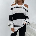 Hot selling round neck hollow out halter sweaters pullover color blocking casual striped jumpers mujer
