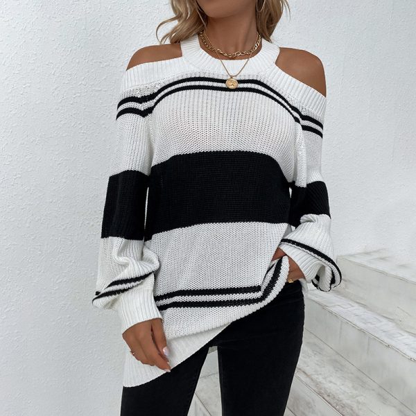 Hot selling round neck hollow out halter sweaters pullover color blocking casual striped jumpers mujer