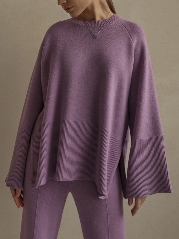High Quality pure color twinset Oversize knitwear women casual side split knitted 2 piece matching outfits