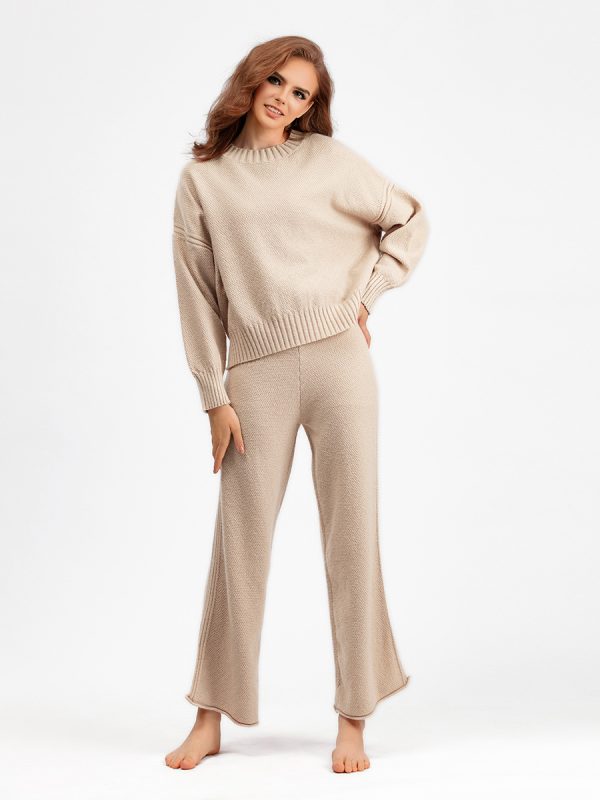 Knitwear o- neck ribbed pullover sweater 2 piece sets women wide leg pants oversize casual knitted outfits