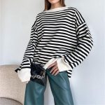 dropped shoulder jumpers crew neck oversize striped elegant pullover sweaters women