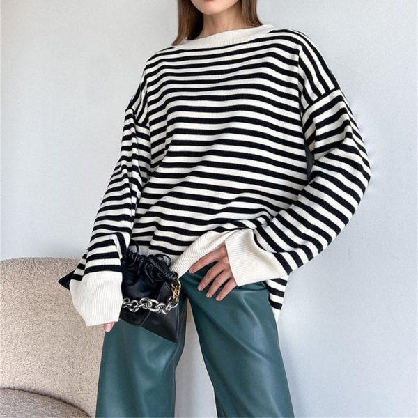 dropped shoulder jumpers crew neck oversize striped elegant pullover sweaters women