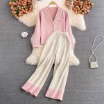 New arrivals women elegant single-breasted cardigans knit high waist pants set color blocking 2 piece matching outfits