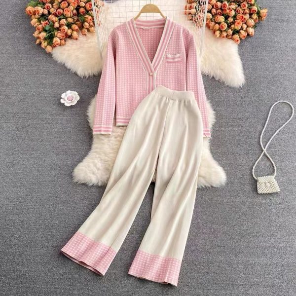 New arrivals women elegant single-breasted cardigans knit high waist pants set color blocking 2 piece matching outfits