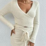 Hot selling V neck bandage knitwear casual loungewear women bodycon sexy knitted two piece dress set
