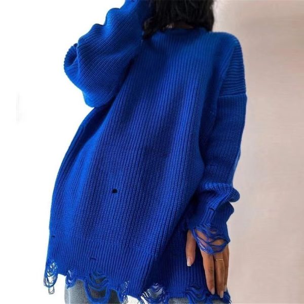 Trending Casual streetwear round neck Loose knitted solid color ripped sweater dress for omen