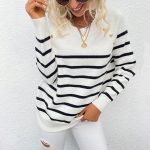 New arrivals pullover elegant jumper women autumn winter o-neck striped shoulder button loose sweaters