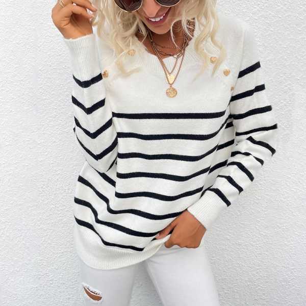 New arrivals pullover elegant jumper women autumn winter o-neck striped shoulder button loose sweaters