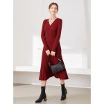 women fashion long sleeve knitwear slim fit elegant pullover v neck sweater knit midi dress