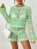 Spring Summer holiday outfits crocheted o-neck cropped sweaters high waist shorts casual 2 piece pants set for women