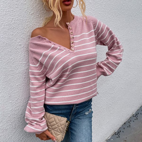 Hot selling crew neck long sleeve jumpers pullover casual single-breasted elegant striped sweaters for women