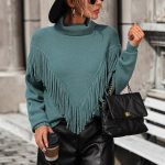 Trending Fall Winter Loose fringe jumpers elegant pullover knitted rolled turtleneck sweater for women