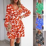 Autumn Fashion Women's Elegant Botanical Print Waist-Cinching V-Neck Long Sleeve Knee-Length Dress