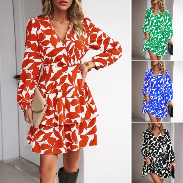 Autumn Fashion Women's Elegant Botanical Print Waist-Cinching V-Neck Long Sleeve Knee-Length Dress