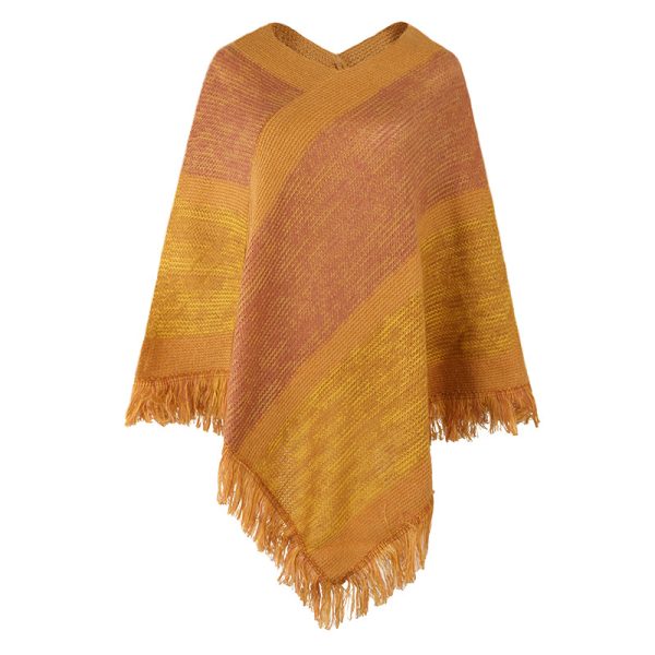 2026 new arrivals Color blocking knitwear striped knitted cape fashion V neck women tassel shawl
