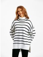 New style rolled neck knitwear oversize side split striped jumpers long sleeve women turtleneck sweaters