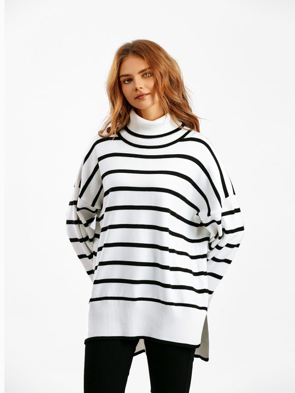 New style rolled neck knitwear oversize side split striped jumpers long sleeve women turtleneck sweaters