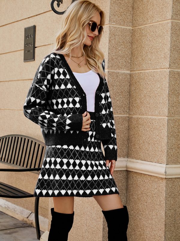 clothing Casual jacquard Knit Outfits Elegant single-breasted cardigans high waist knitted dress 2 piece set