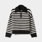 Autumn winter soft loose lazy stylish lapel collar half zipper high neck thick striped women's sweater