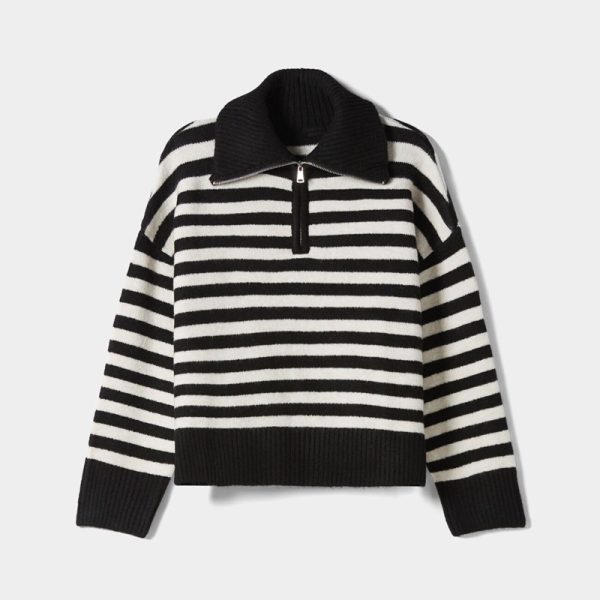 Autumn winter soft loose lazy stylish lapel collar half zipper high neck thick striped women's sweater