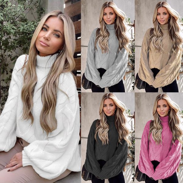 Clothing rolled neck jumper mujer solid color winter fall casual pullover loose cable sweaters for women