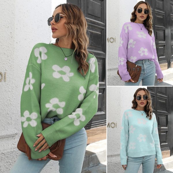 elegant knitwear pullover autumn winter round neck oversize floral knit sweaters for women