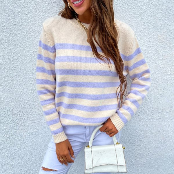 Hot sales round neck pullover casual jumpers mujer long sleeve fall winter loose striped sweaters for women