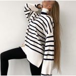 high neck striped loose knitwear women elegant side split contrast color sweaters for women