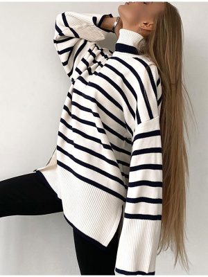 high neck striped loose knitwear women elegant side split contrast color sweaters for women