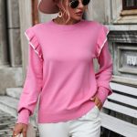 High quality ruffled jersey knitwear loose solid color crew-neck pullover fashion sweater for women