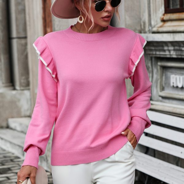 High quality ruffled jersey knitwear loose solid color crew-neck pullover fashion sweater for women