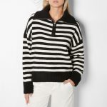 Autumn winter soft loose lazy stylish lapel collar half zipper high neck thick striped women's sweater