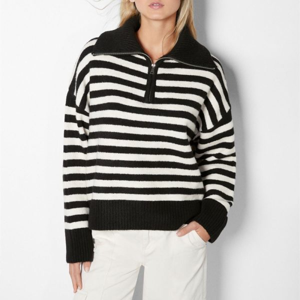 Autumn winter soft loose lazy stylish lapel collar half zipper high neck thick striped women's sweater