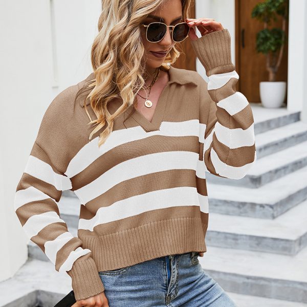 turn down collar knitwear pullover women elegant short cropped striped knit sweaters
